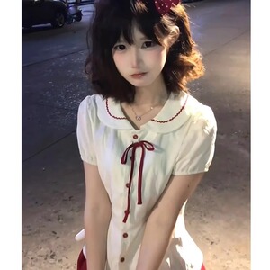 学院风显瘦套装裙女夏季2025新款娃娃领短袖衬衫+百褶短裙两件套图片