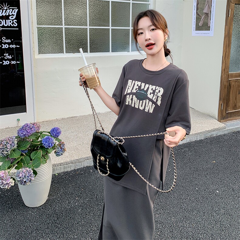 小众字母短袖卫衣套装裙女薄款t恤上衣开叉半身裙洋气时髦两件套,女装套装/套裙,2C203