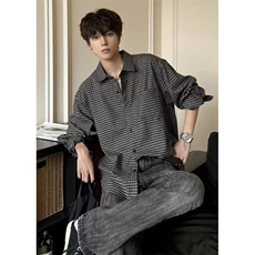 复古春夏季休闲格纹通勤长袖衬衫男百搭宽松复古慵懒衬衣CS388，男装衬衫，星座1116A（原606A-3）