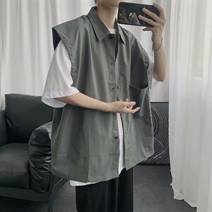 无袖衬衫男宽松港风日系ins夏季薄款外穿衬衣韩版潮流百搭C07-P28，男装衬衫，星座1008-1