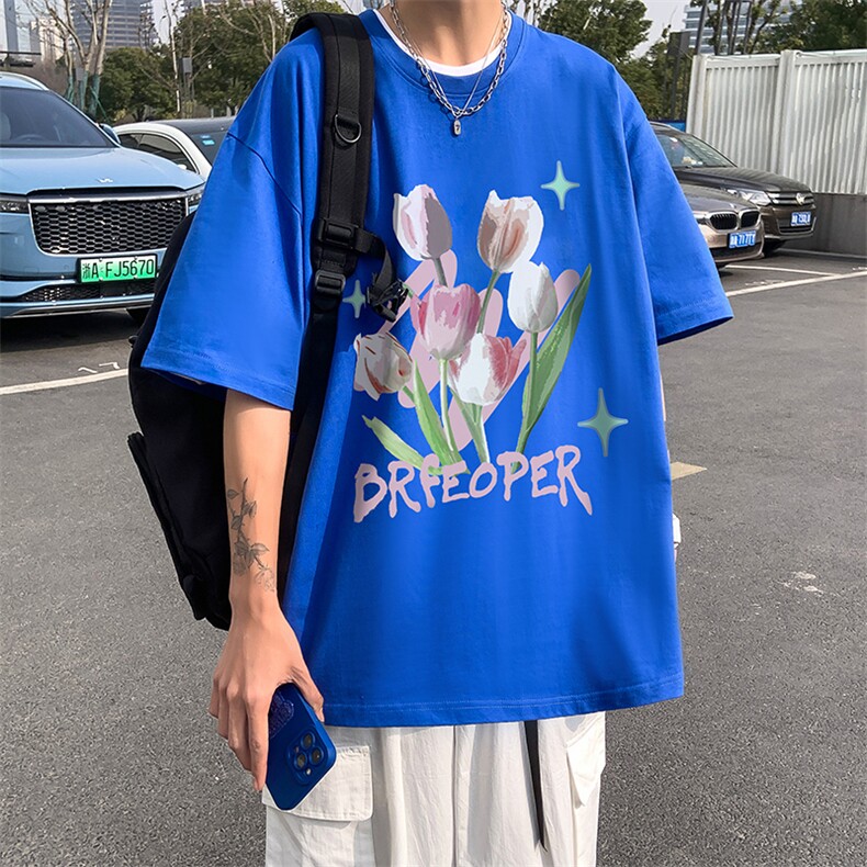 港风油画郁金香创意印花夏季重磅落肩袖短袖t恤B239-1253-P28,男装T恤,星座514-2(原B239)