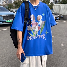 港风油画郁金香创意印花夏季重磅落肩袖短袖t恤B239-1253-P28，男装T恤，星座514-2(原B239)