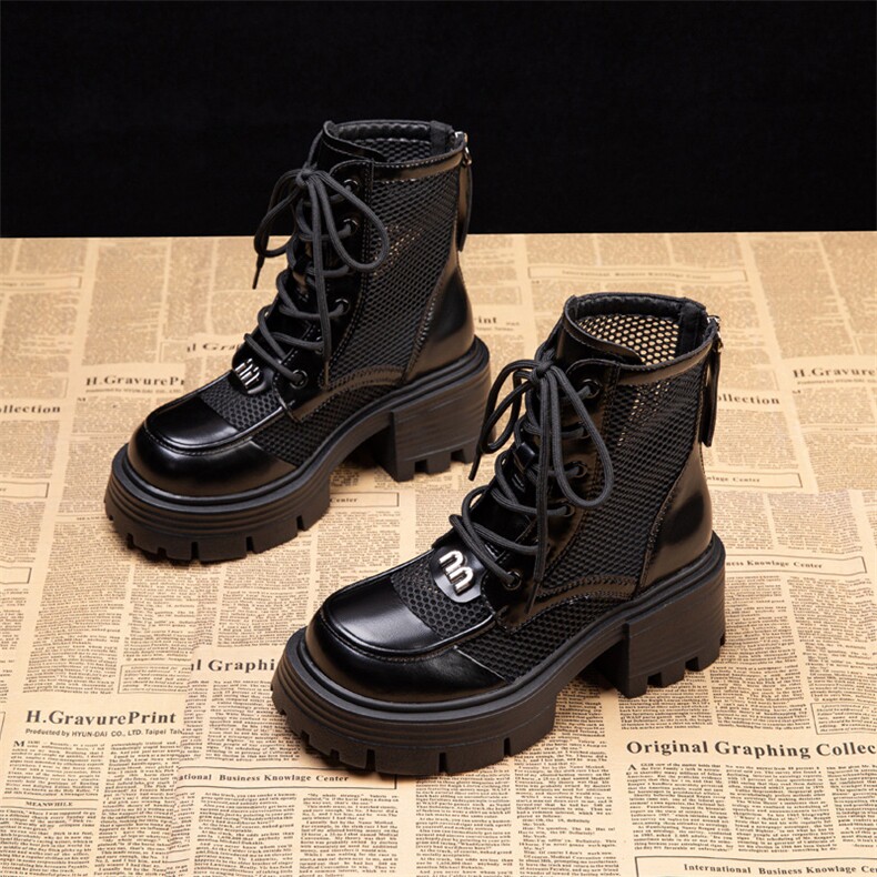 真皮网纱马丁靴女厚底2024新款夏季镂空透气网靴女款增高靴子短靴，女鞋马丁靴，电商A223