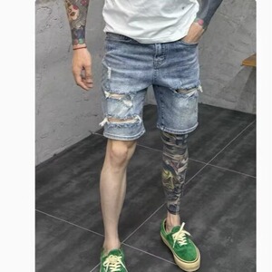 男士破洞五分牛仔裤潮牌夏季新款复古做旧个性刮烂时尚短裤男马裤图片