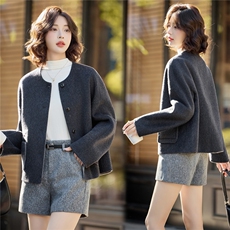 高级感圆领短款毛呢外套女2025秋冬季新款气质百搭双面呢羊毛大衣，女装双面呢大衣，美沁