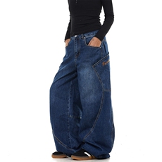 美式复古大口袋弯刀牛仔裤女春秋款辣妹宽松阔腿拖地裤NZK520-P55，男装牛仔裤，星座302B-2