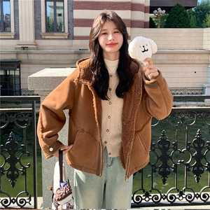 连帽皮毛一体羊羔毛外套女秋冬2025新款拉链设计感麂皮绒棉服爆款图片