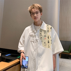 2026夏装潮男新中式印花盘扣短袖五分袖衬衫CS980/特P35白色3，男装衬衫，电商A094