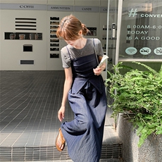 2025夏季新款韩版时尚短款小背心显瘦短袖长款假两件连衣裙，女装连衣裙，浙宝220