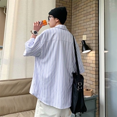衬衫男短袖夏季薄款日系休闲宽松韩版潮流帅气条纹衬衣S1064-p35，男装衬衫，星座1008