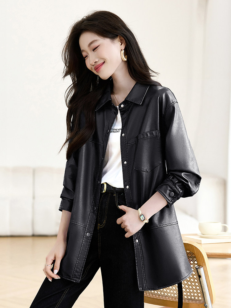 皮衣外套女2025开春新款高级感超火欧货休闲中长款棕色衬衫领夹克,女装皮衣,贵人树
