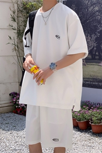 TZ65556/P40华夫格夏季宽松贴标套装男T恤短裤两件套大码港风控78图片