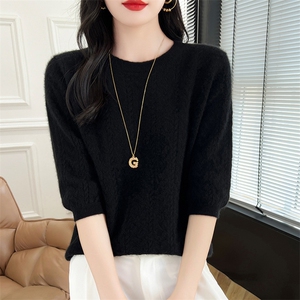 春装洋气显瘦羊毛衫女圆领短袖毛衣上衣内搭针织打底衫T恤1