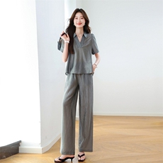 时尚通勤V领阔腿裤两件套女2025年夏季新款气质显瘦减龄休闲套装，女装大码女装，梦依杭