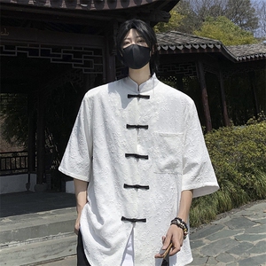 夏季新中式五分袖衬衣2024新款潮牌宽松衬衫男 现货W8179-P35图片