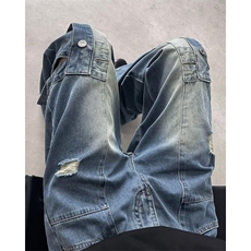 NK9765-P60秋季新款美式高街复古Hiphop百搭直筒破洞水洗牛仔裤，男装牛仔裤，电商C233