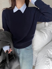 时尚百搭拼接假两件套头衫经典衬衣领设计优雅显瘦羊毛衫，女装羊毛衫，圣旺供货