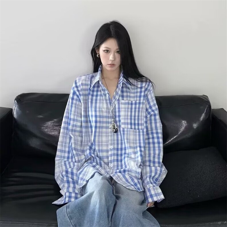 慵懒美式复古慵懒风撞色格子衬衫外套男女学院风宽松防晒长袖衬衣,男装防晒衣,星座1210-1
