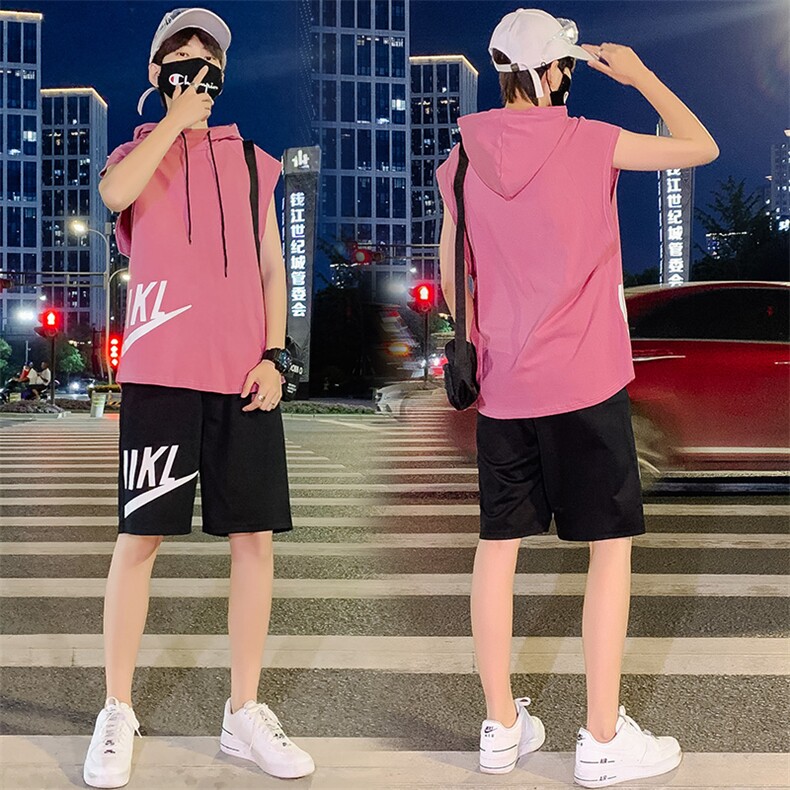 夏季情侣装青少年纯棉宽松无袖T恤连帽运动背心套装男TZ267-P60,男装背心/马甲,电商A441