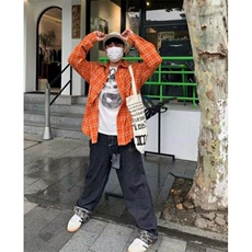 【有货】DC3064-特批32美式防晒橙色格纹长袖衬衫男宽松情侣衬衣，男装防晒衣，星座603-2