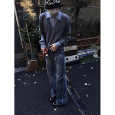 休闲内搭针织衫男款上衣长袖polo衫男高级感时尚拼接假两件毛衣男，男装Polo衫，四季星座505