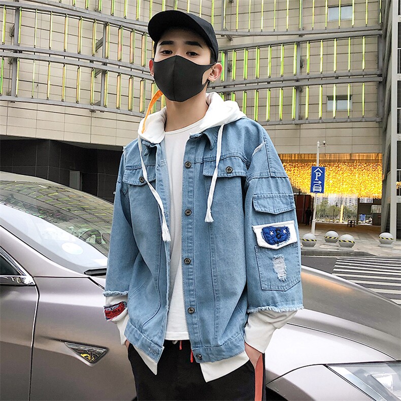男式牛仔假两件破洞牛仔外套休闲个性潮流连帽夹克J,男装夹克,电商B226-2（原B217-2）