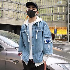 男式牛仔假两件破洞牛仔外套休闲个性潮流连帽夹克J，男装夹克，电商B226-2（原B217-2）
