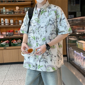 夏男士短袖衬衫纯棉透气时尚休闲冰丝印花宽松衬衣7256P45图片