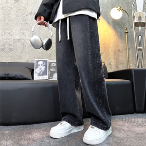 黑色松紧腰牛仔裤男款直筒宽松垂感潮牌三条杠运动裤子NX8071图片