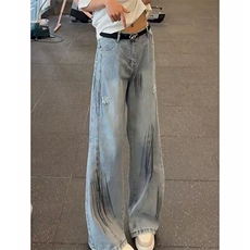 网图有货美式高街泼墨破洞直筒微喇裤男女宽松牛仔裤A1294-P40，男装牛仔裤，星座1505