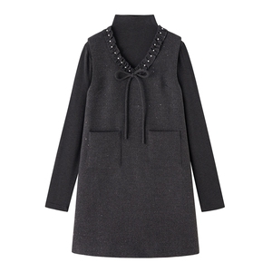 【bao款早春格雷灰系列】2026亮片钉珠V领木耳边蝴蝶结短裙两件套,女装套装/套裙,雅静靓衣