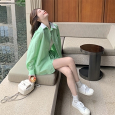 条纹拼接衬衫短裤套装女春秋2025新款多巴胺色流行超火两件套减龄，女装套装/套裙，蝶眷
