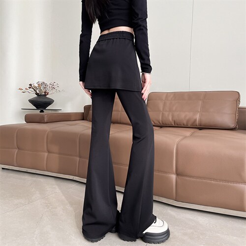 春季屁帘裤两穿假两件拼接休闲裤女设计感针织喇叭裤长裤，女装休闲裤，云美莎专业女裤-全店现货