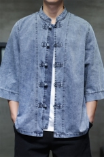 夏季牛仔七分袖衬衫盘扣立领上衣宽松大码男休闲CS2504-P7088，男装衬衫，电商A008