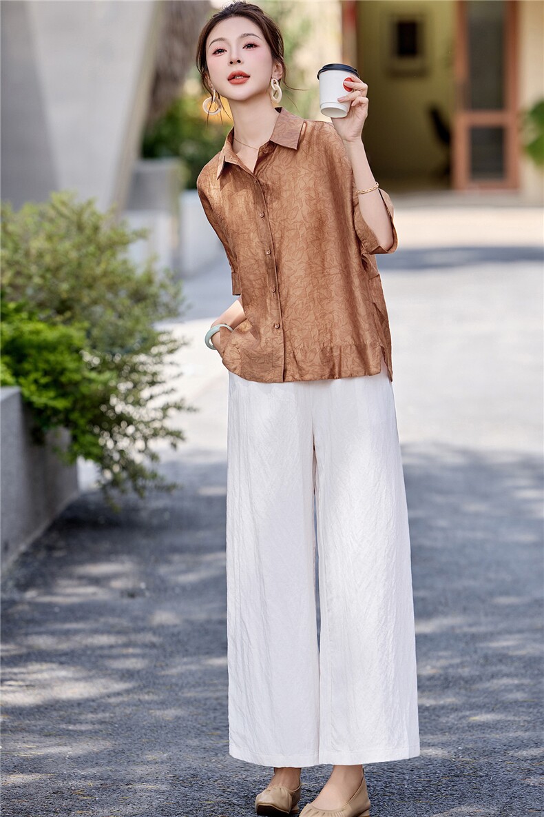 长期有货2026年夏季冰天丝时尚休闲两件套装提花衬衫休闲阔腿裤女,女装套装/套裙,璐依舞