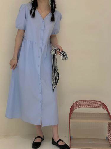 夏季新款三色v领纯色连衣裙，女装连衣裙，Here Bella(5F)