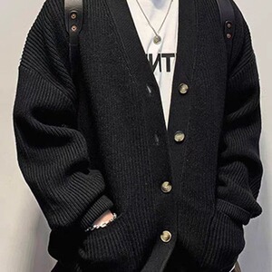 轻熟风潮牌针织开衫外套男2024秋冬新款宽松V领拼接加厚款毛衣男