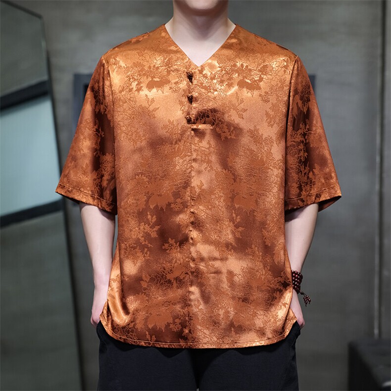 新款宽松大码风盘扣提花潮夏季T恤ST051-P58，男装T恤，电商A011（原4039）