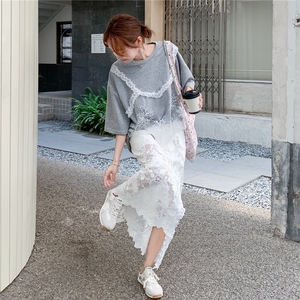 韩版运动休闲显瘦时尚套装女2025年夏季新款蕾丝短袖半身裙两件套图片