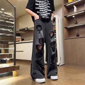 破洞乞丐牛仔裤男款夏季潮牌宽松做旧阔腿裤直筒拖地裤子 N656图片