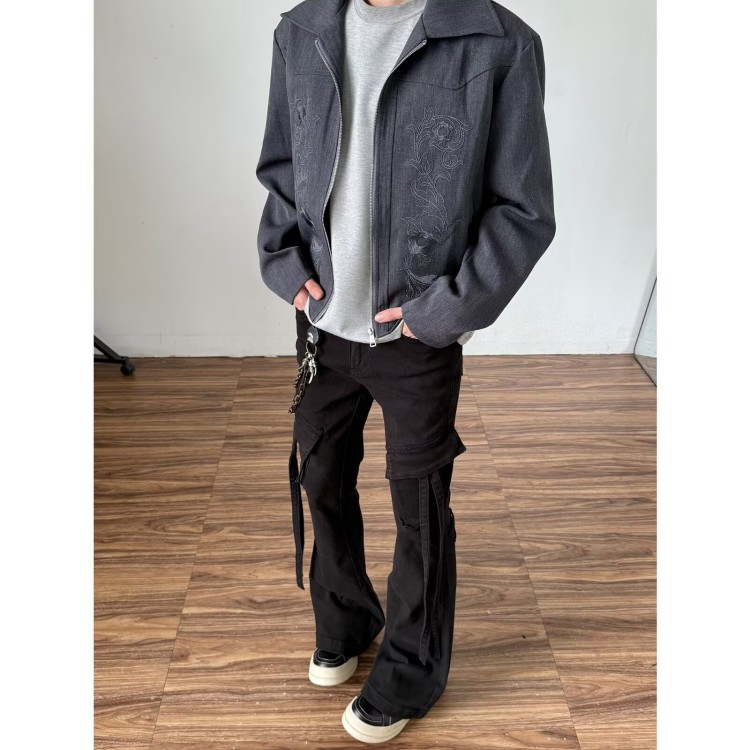 美式cleanfit口袋褶皱微喇休闲裤男高街嘻哈宽松直筒长裤NZK7066,男装休闲裤,星座302B-2