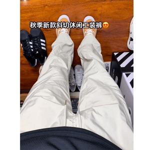藏青色斜切微喇裤子男夏痞帅高级感休闲裤修身直筒户外速干运动裤图片