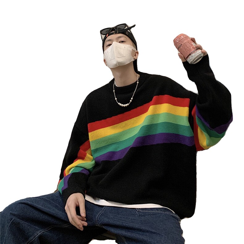 现货~彩虹条纹毛衣男装宽松圆领毛衫休闲XZ716A-1-M265P75,男装针织衫/毛衣,星座716A-1（原星座815）