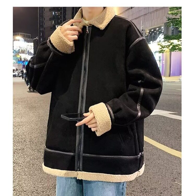新款麂皮绒美式翻领夹克外套男士秋冬季加厚潮牌颗粒绒棉衣男,男装夹克,星座1013
