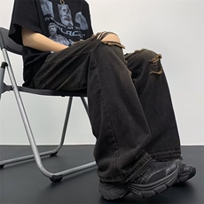 复古高街破洞牛仔裤子男直筒裤子宽松毛边长裤N6158，男装牛仔裤，星座1116A-1（原606A）