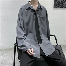 DM13-P40港风纯色百搭帅气夏款宽松休闲男装衬衫上衣送领带，男装衬衫，电商D321-1