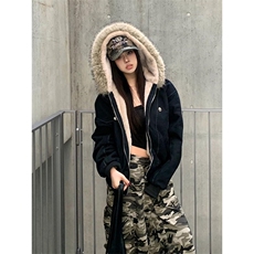 现货重磅boxy短款棉衣座山雕大毛毛领男女棉服水洗工装厚外套，男装棉衣，电商A486-1