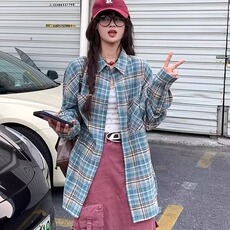 CS13-P30长袖衬衫男女2025春季新款韩版潮流日系复古格子翻领，男装衬衫，电商B323A