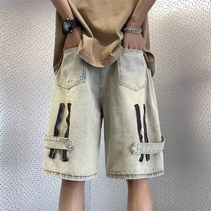 飘带设计感牛仔短裤男女夏季潮牌胖子拉链裤子大码宽松中裤-N2112图片
