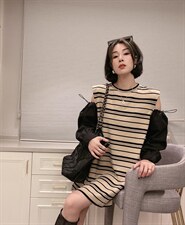 条纹拼布连衣裙ＭL，女装连衣裙，可纳奇
